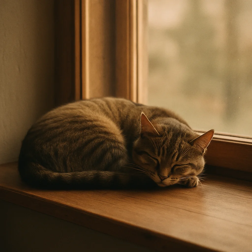 Jigsaw puzzle: A tabby cat is curled up and sleeping peacefully on a warm wooden windowsill.