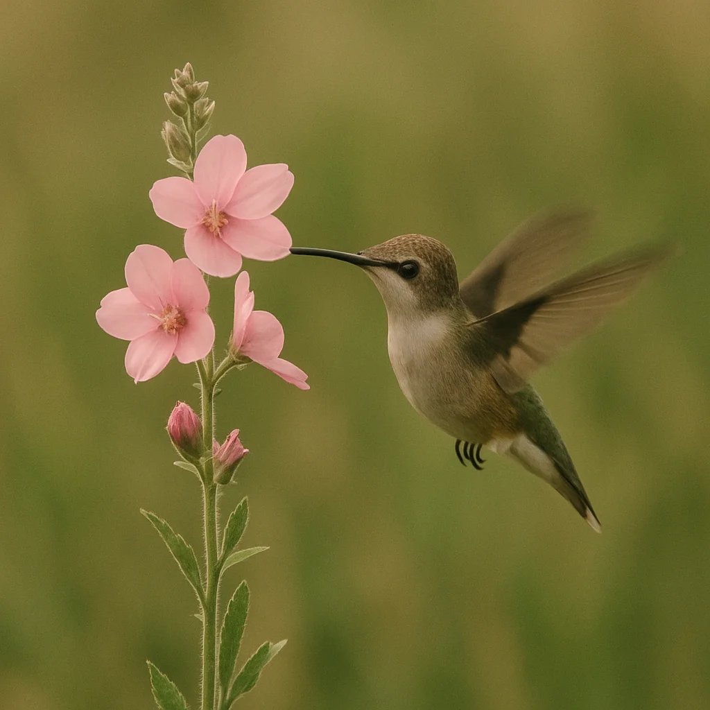 Jigsaw puzzle: A small hummingbird with a long beak sips nectar from delicate pink flowers.