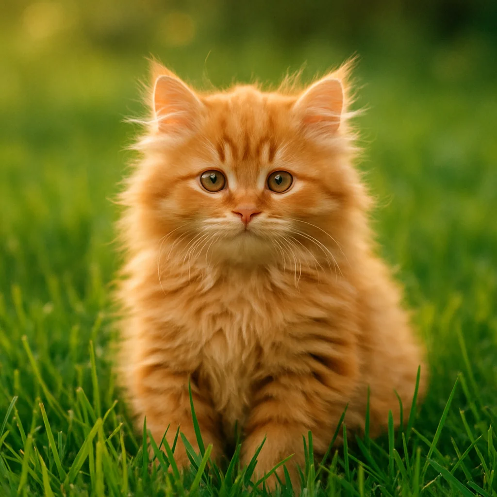 Jigsaw puzzle: A fluffy orange kitten with big eyes sits in vibrant green grass.