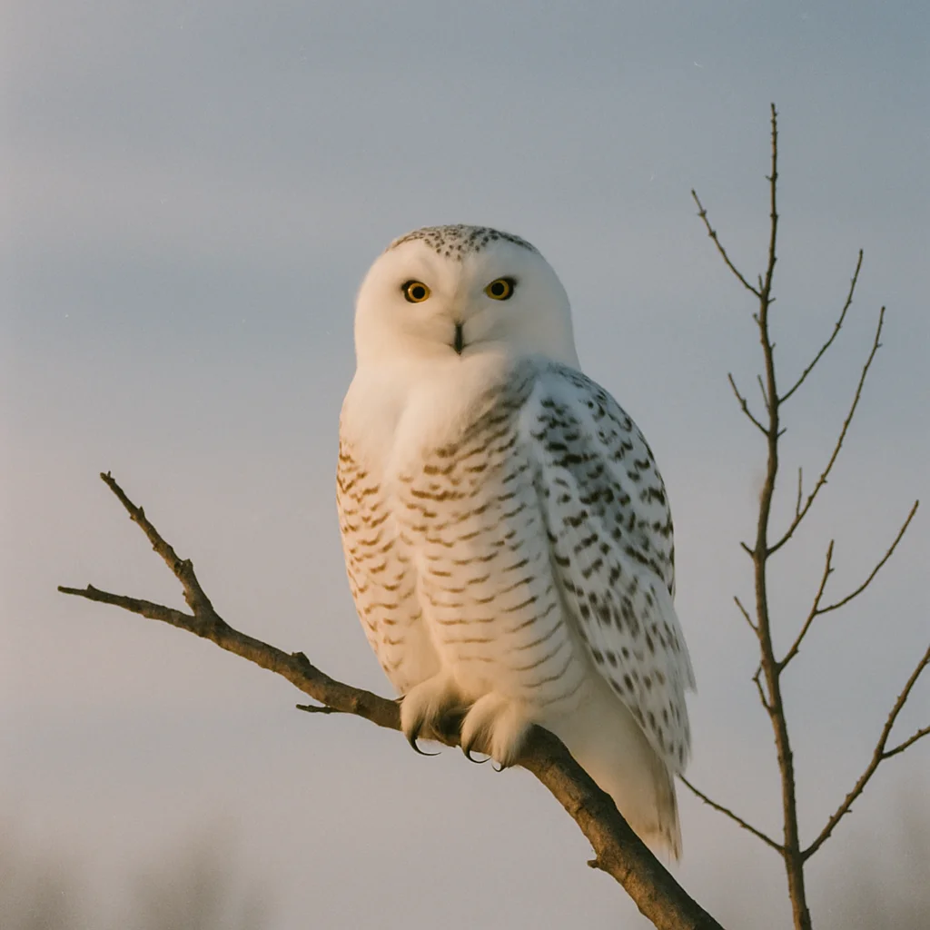 Jigsaw puzzle: A beautiful snowy owl with bright yellow eyes sits perched on a bare tree branch.