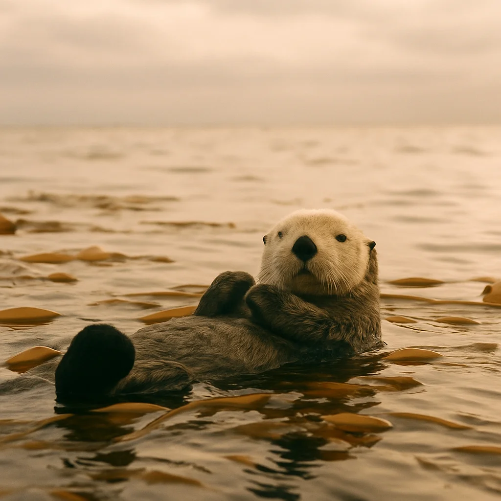 Jigsaw puzzle: A sea otter floats on its back in calm, brownish-gold water, looking directly forward.