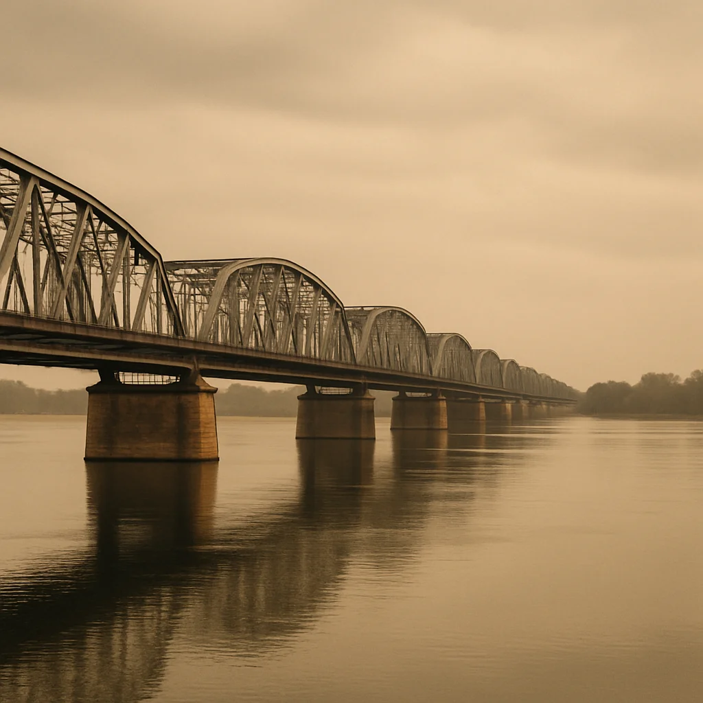 Jigsaw puzzle: A long, multi-arch steel truss bridge extends over calm water under an overcast sky.