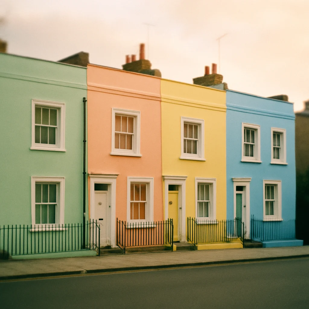 Jigsaw puzzle: A row of four terraced houses painted in pastel green, peach, yellow, and blue.