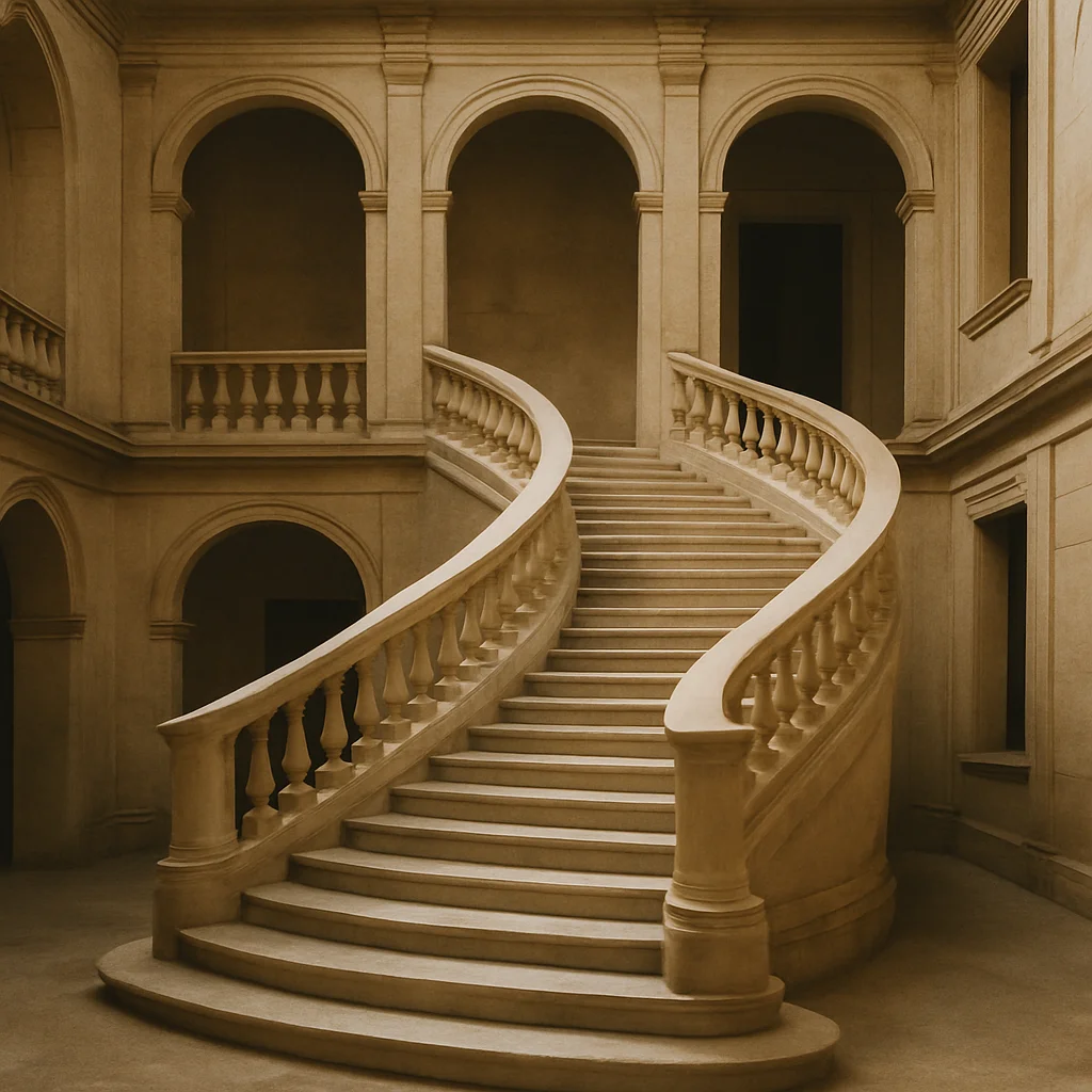 Jigsaw puzzle: A grand, curved stone staircase with balustrades and arches in a sepia-toned building interior.