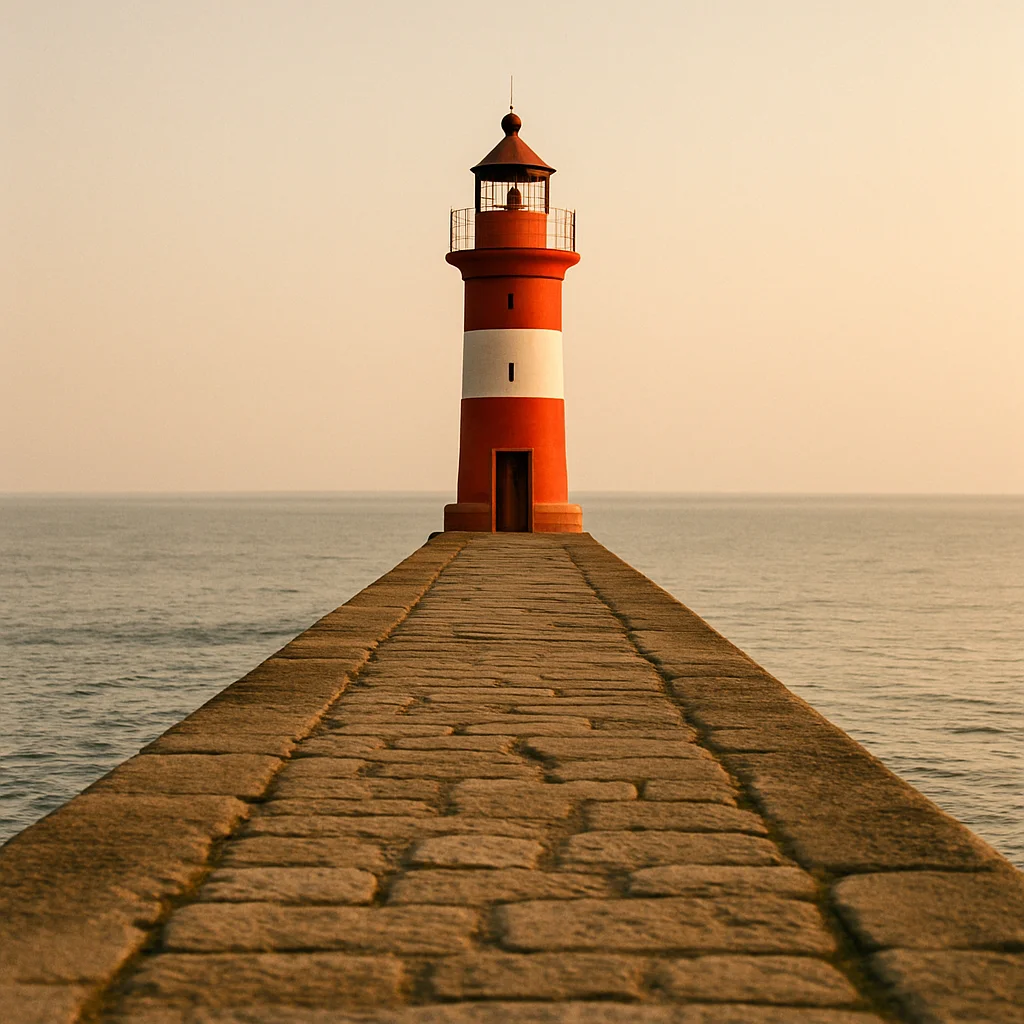 Jigsaw puzzle: Red and white lighthouse stands on a stone pier extending into the calm ocean.