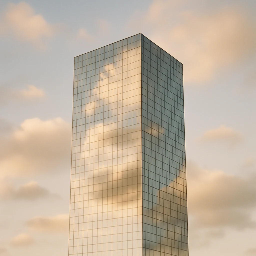 Jigsaw puzzle: A tall, modern glass skyscraper reflecting clouds and a soft sky at sunset.