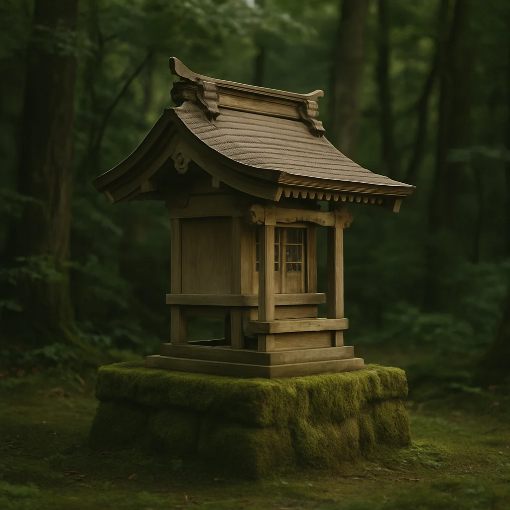 Jigsaw puzzle: A small, traditional wooden shrine sits on a moss-covered stone in a dense green forest.