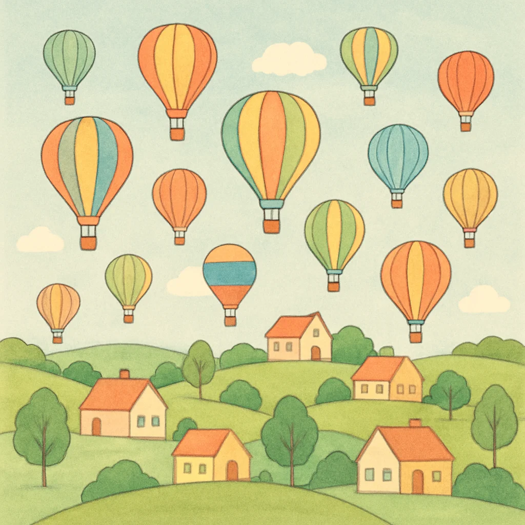 Jigsaw puzzle: Numerous pastel hot air balloons float above a quaint village nestled among green hills.
