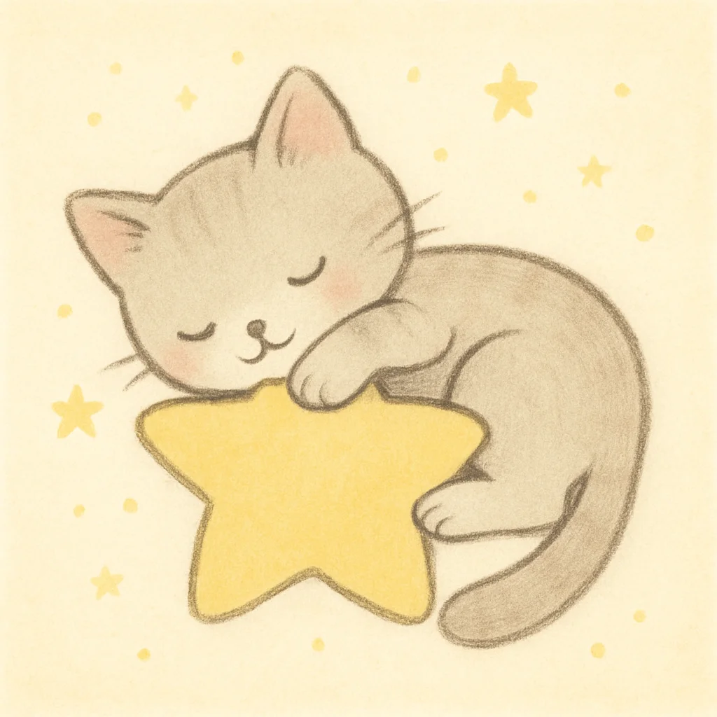 Jigsaw puzzle: A cute cartoon grey kitten is sleeping soundly on a large yellow star.