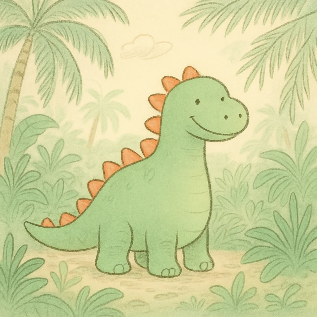 Jigsaw puzzle: A smiling green cartoon dinosaur with orange spikes stands in a prehistoric jungle scene.