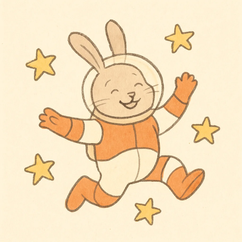 Jigsaw puzzle: A smiling cartoon rabbit in an orange and white astronaut suit floats among yellow stars.