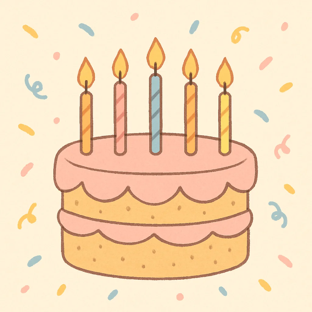 Jigsaw puzzle: A cartoon birthday cake with five lit candles and colorful confetti sprinkles around it.