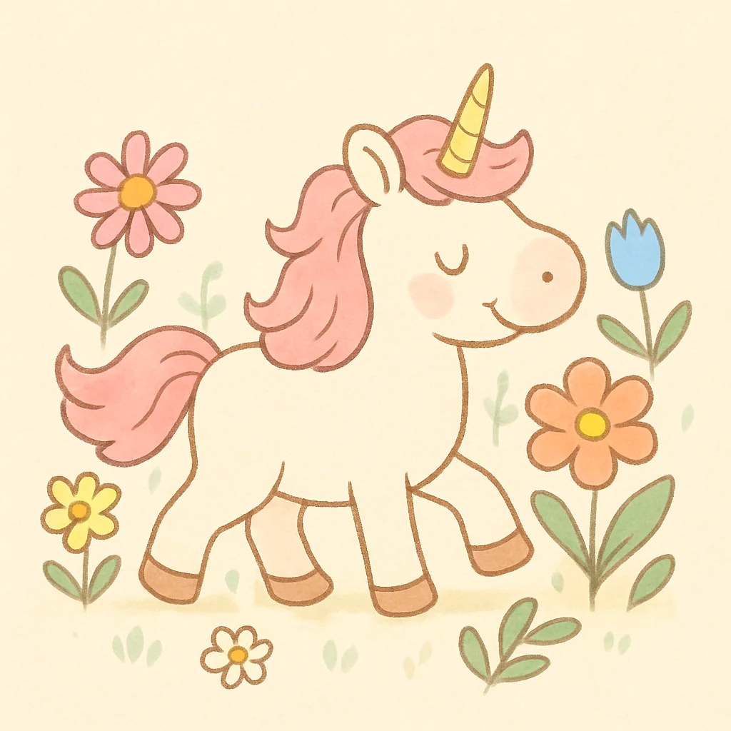 Jigsaw puzzle: A cute cartoon unicorn with a pink mane walks happily among colorful spring flowers.