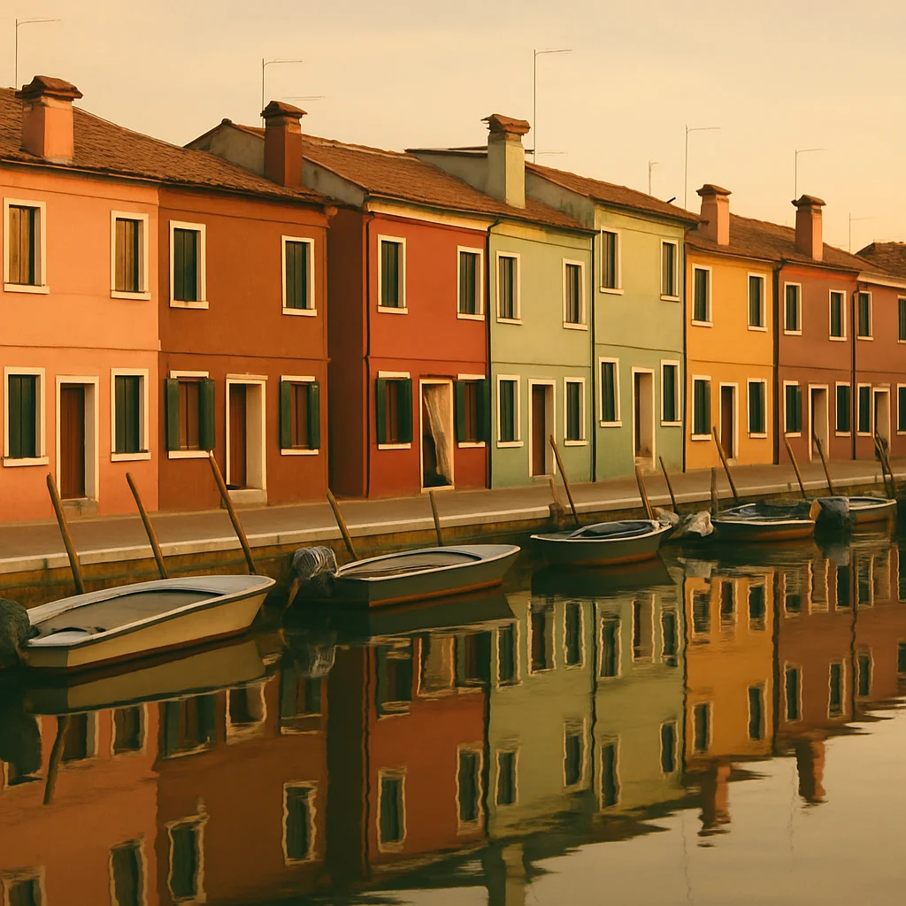 Jigsaw puzzle: Row of colorful houses reflecting in a canal with small boats in the foreground.