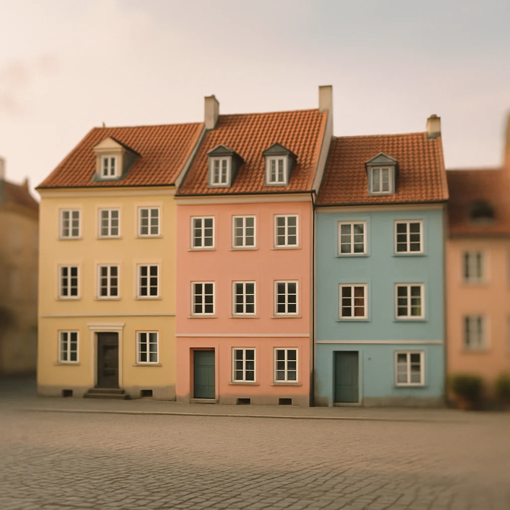 Jigsaw puzzle: Three charming pastel-colored old houses with many windows line a cobblestone street.