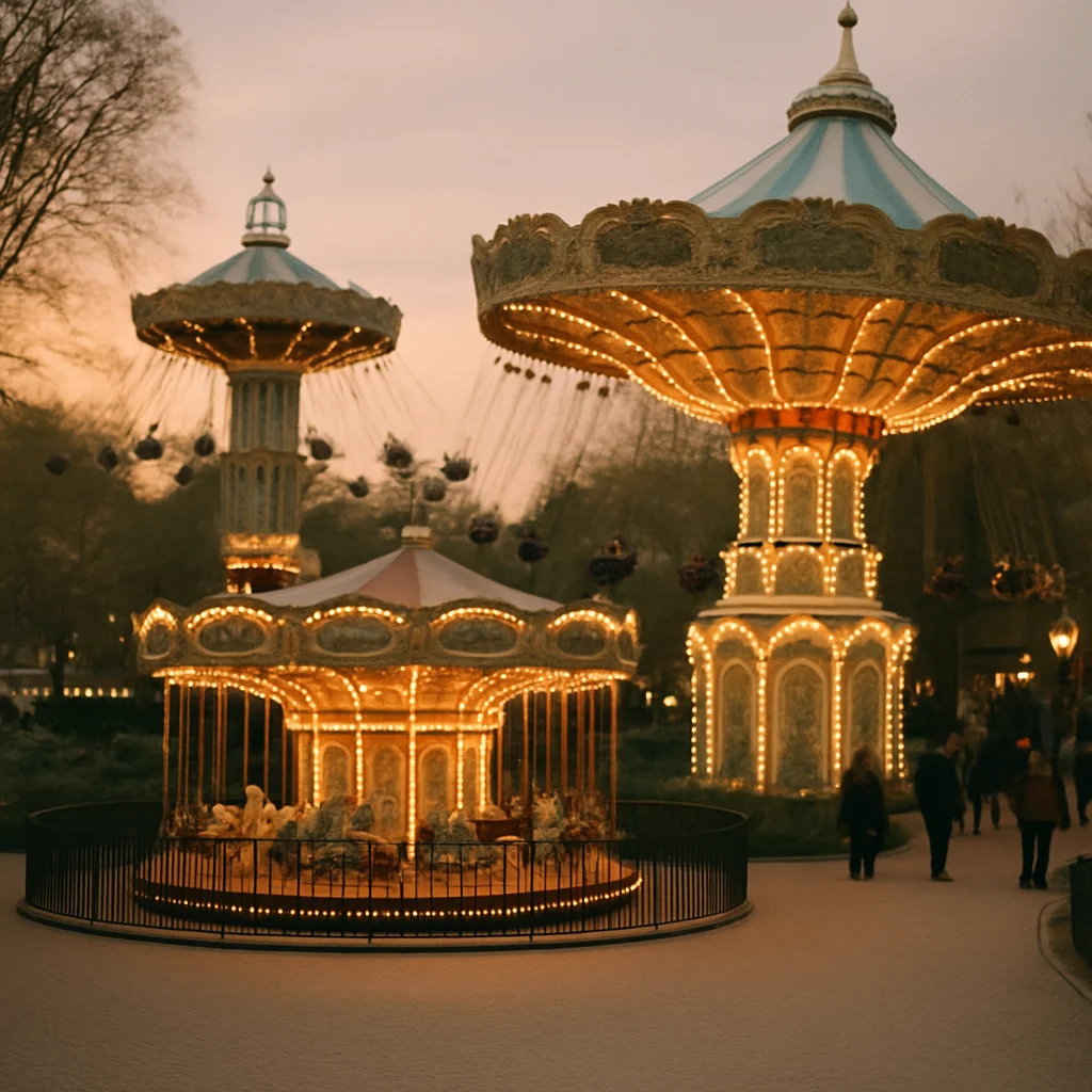 Jigsaw puzzle: A brightly lit carousel and two illuminated swing rides under a soft twilight sky.