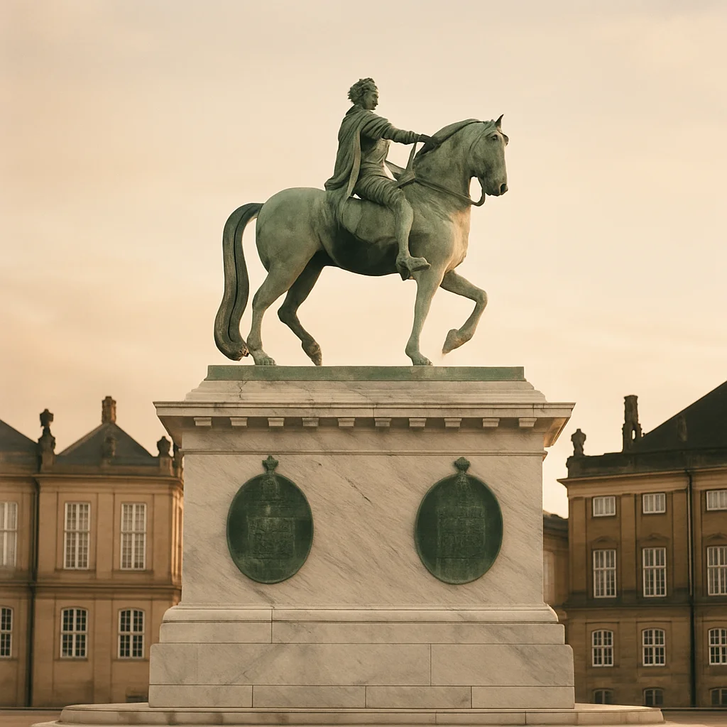 Jigsaw puzzle: Bronze equestrian statue on a marble pedestal with classical buildings behind it.