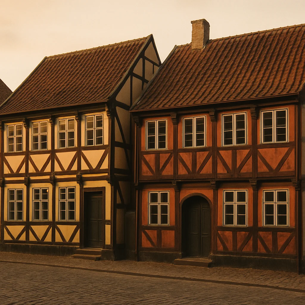 Jigsaw puzzle: Two traditional half-timbered houses with tiled roofs stand on a cobblestone street.