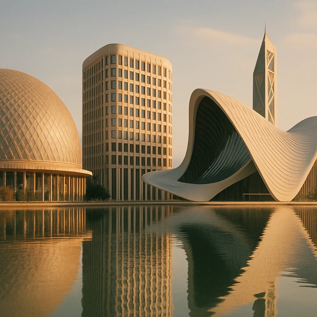 Jigsaw puzzle: Modern architectural designs including a dome, tower, and curved building reflected in tranquil water.