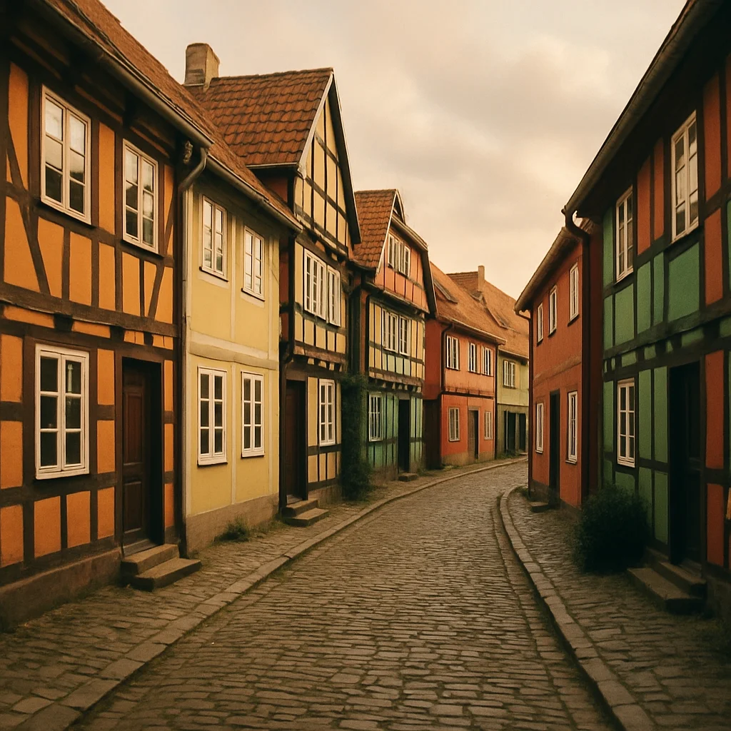 Jigsaw puzzle: A curved cobblestone street lined with colorful half-timbered houses under an overcast sky.