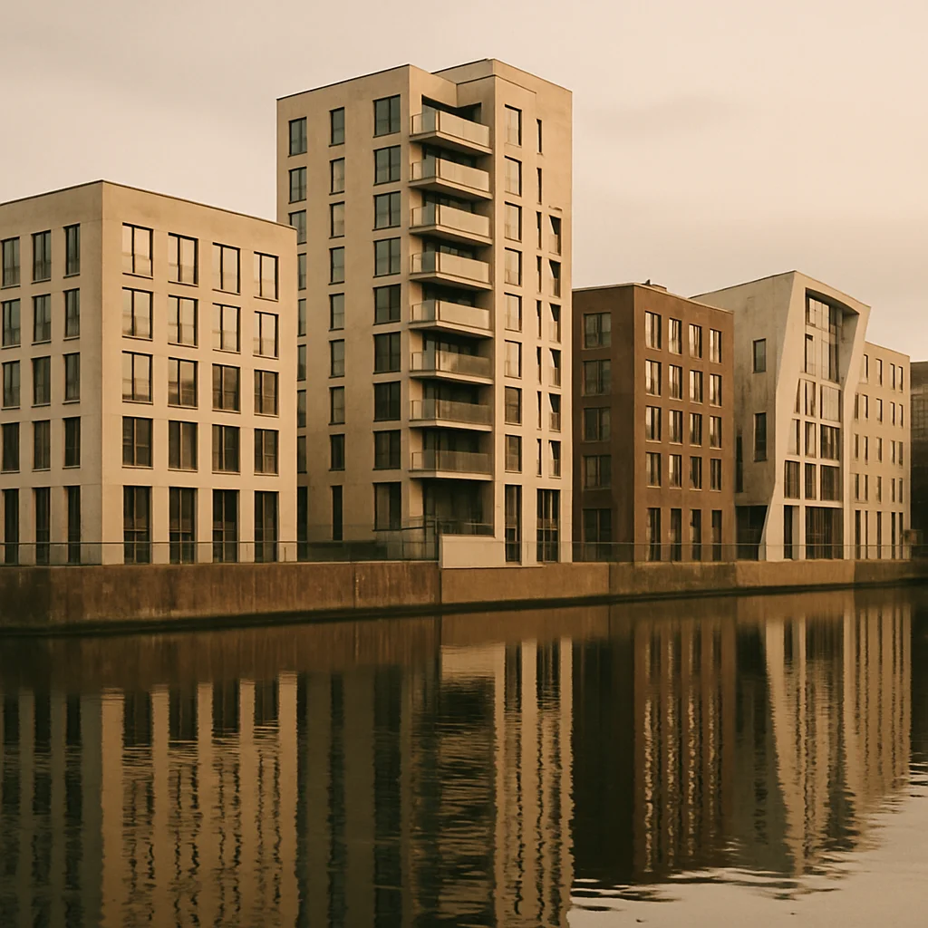Jigsaw puzzle: A row of modern apartment buildings with balconies reflecting in calm water under an overcast sky.