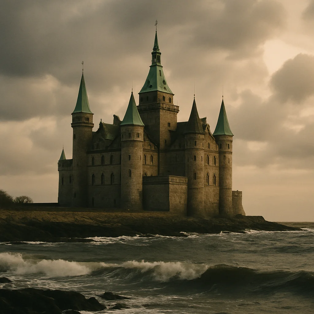 Jigsaw puzzle: A stone castle with green spires stands on a rocky coast with stormy waves.