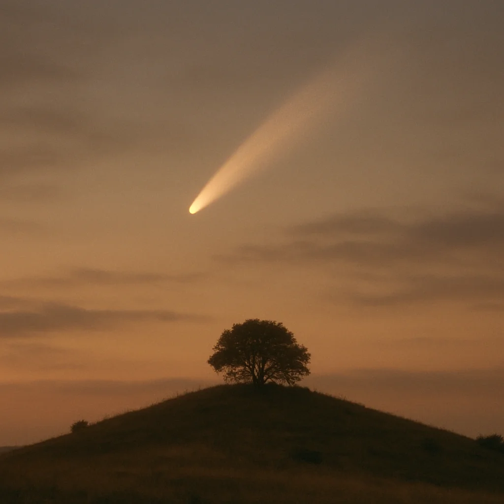Jigsaw puzzle: A bright comet with a long tail illuminates an orange sky above a solitary hill tree.