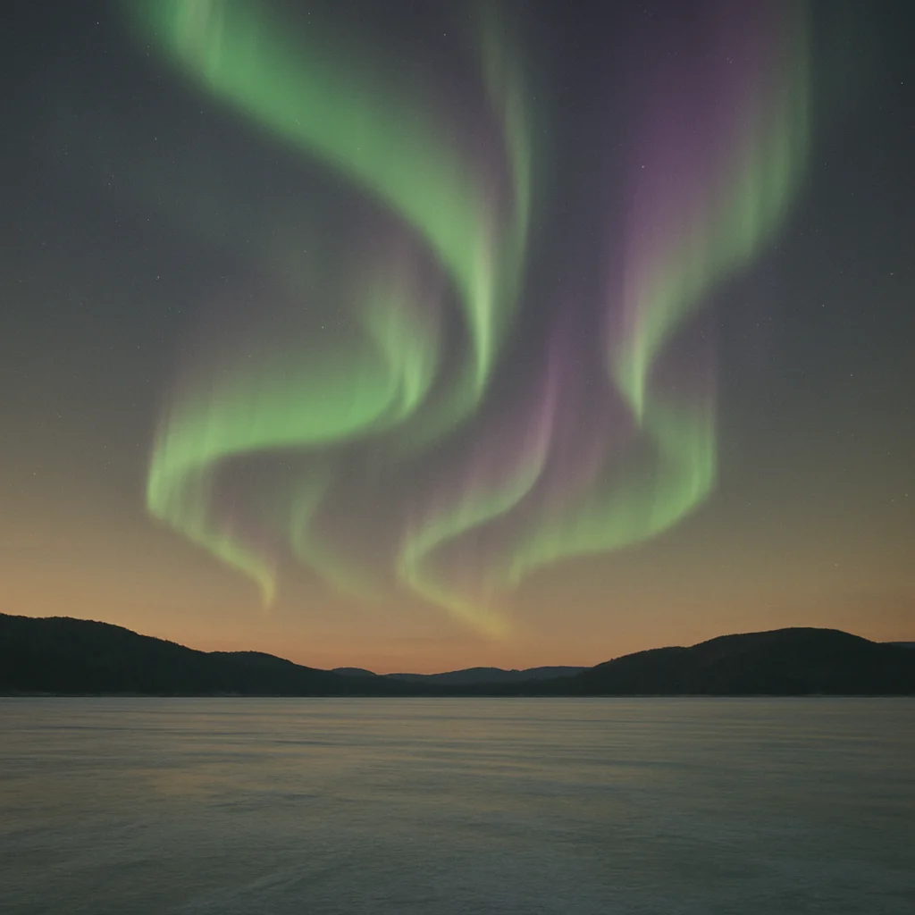 Jigsaw puzzle: Green and purple aurora borealis illuminates the night sky above a frozen lake and distant mountains.