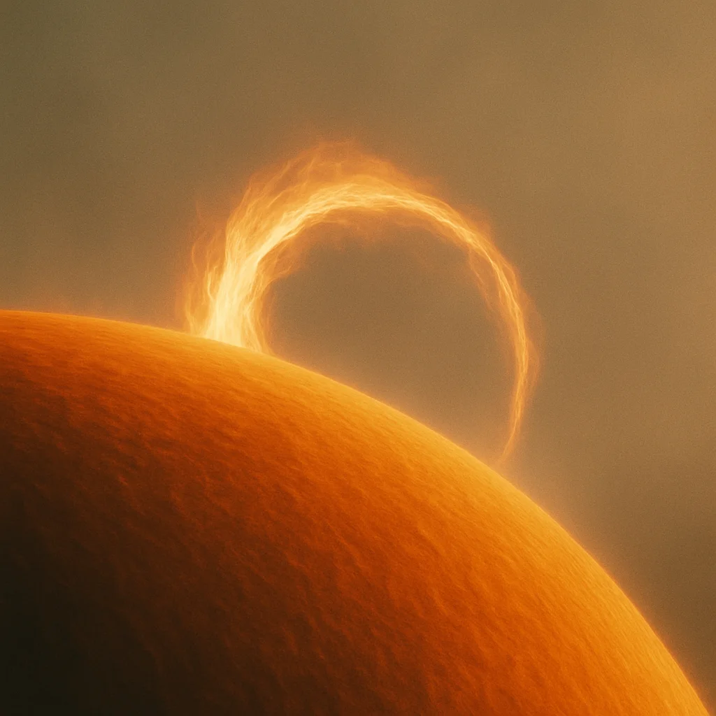 Jigsaw puzzle: A fiery orange prominence arcs above a star's surface against a muted background.