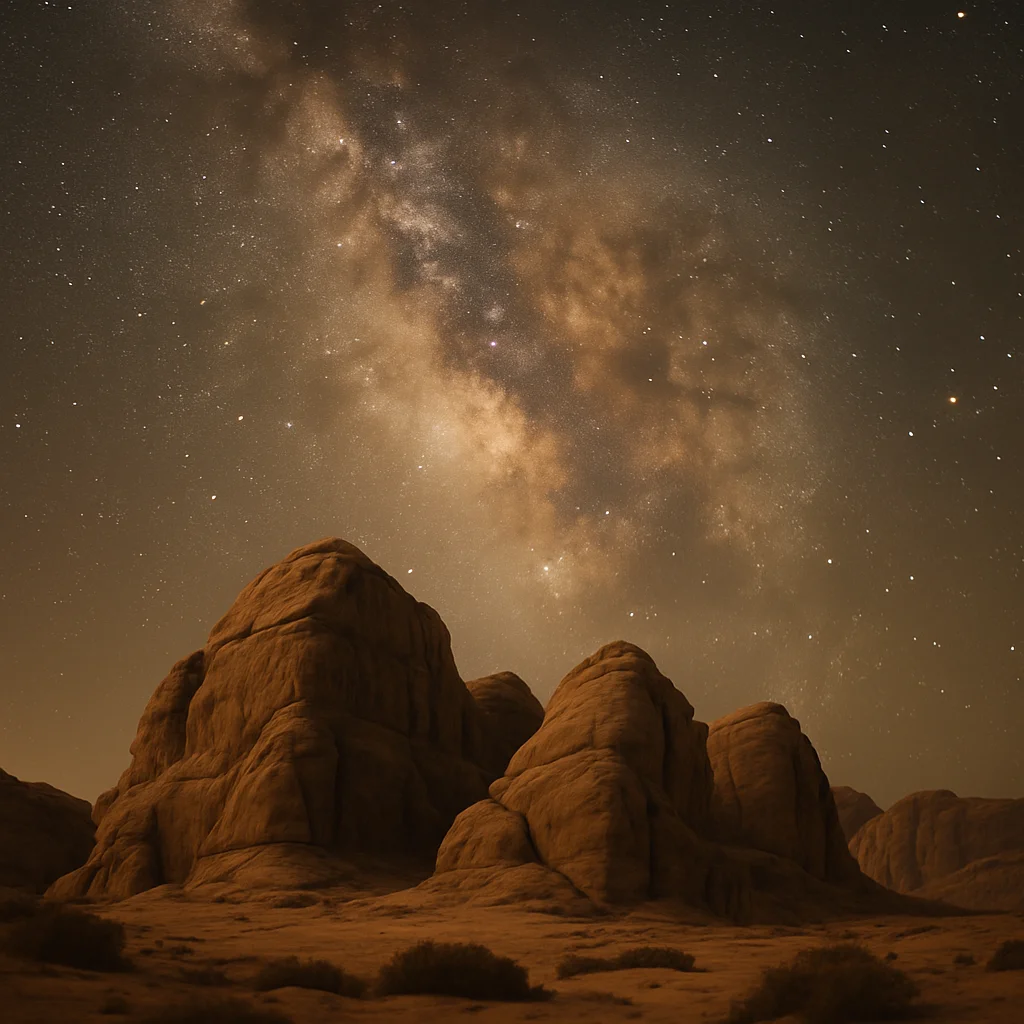 Jigsaw puzzle: Brown desert rocks stand beneath a brilliant, star-filled night sky with the Milky Way.