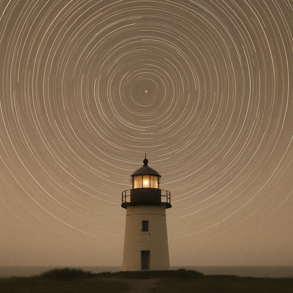 Jigsaw puzzle: A lighthouse stands under a night sky filled with concentric star trails.