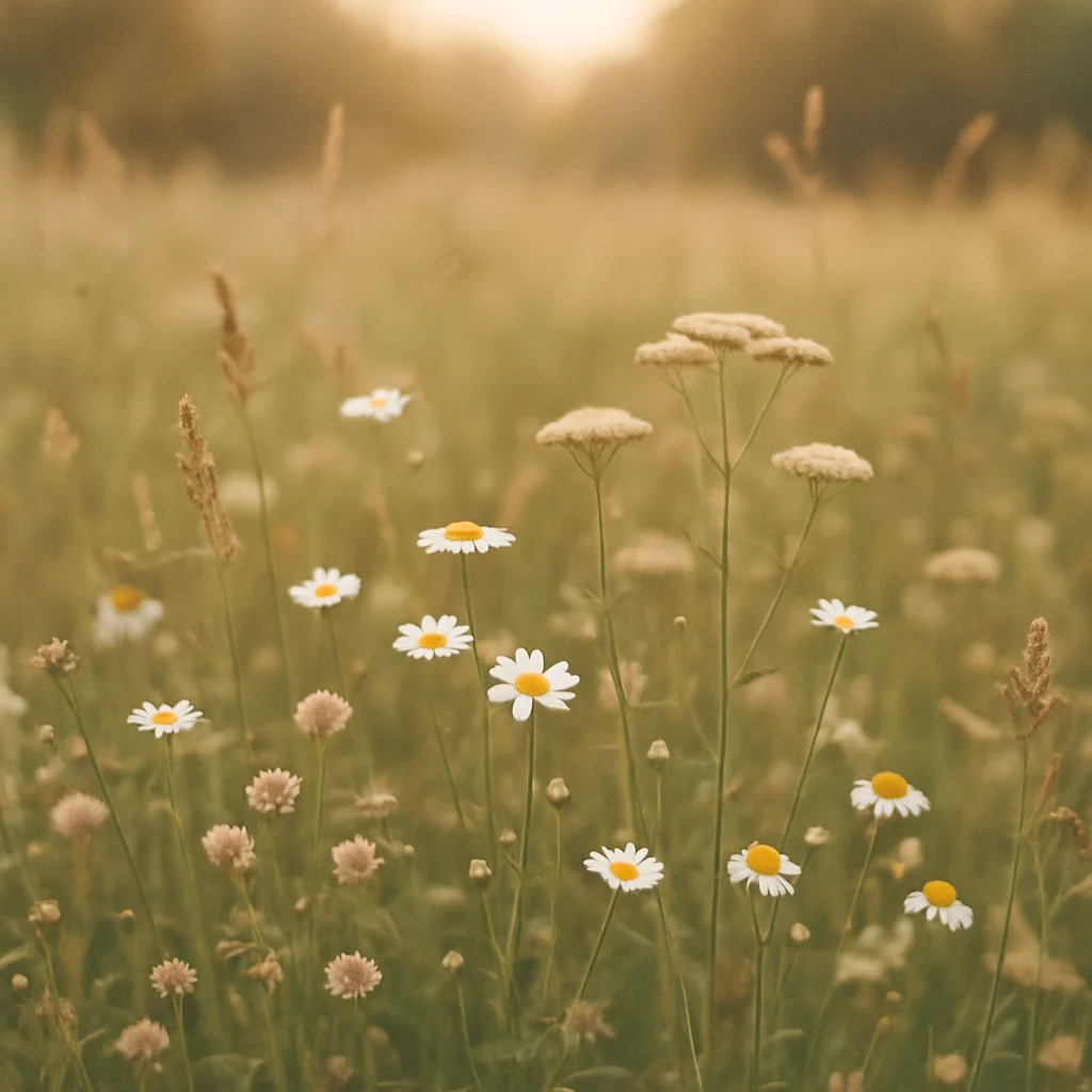 Jigsaw puzzle: White daisies with yellow centers stand tall in a blurred, golden meadow at sunrise.