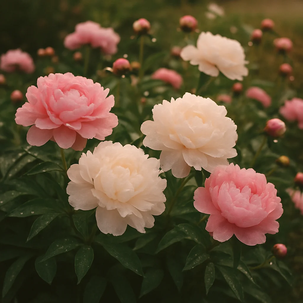 Jigsaw puzzle: A beautiful close-up of pink and white peonies blooming in a lush green garden.