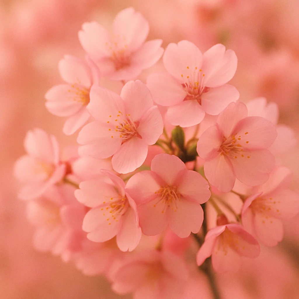 Jigsaw puzzle: A close-up view of a cluster of soft pink cherry blossoms against a blurred background.