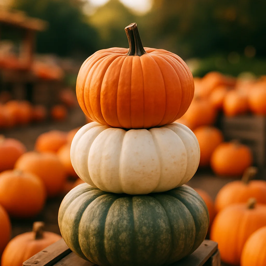 Jigsaw puzzle: Three colorful pumpkins stacked on a crate in a sunny pumpkin patch.
