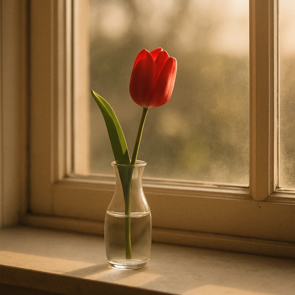 Jigsaw puzzle: A vibrant red tulip and green leaf in a clear vase on a sunlit windowsill.