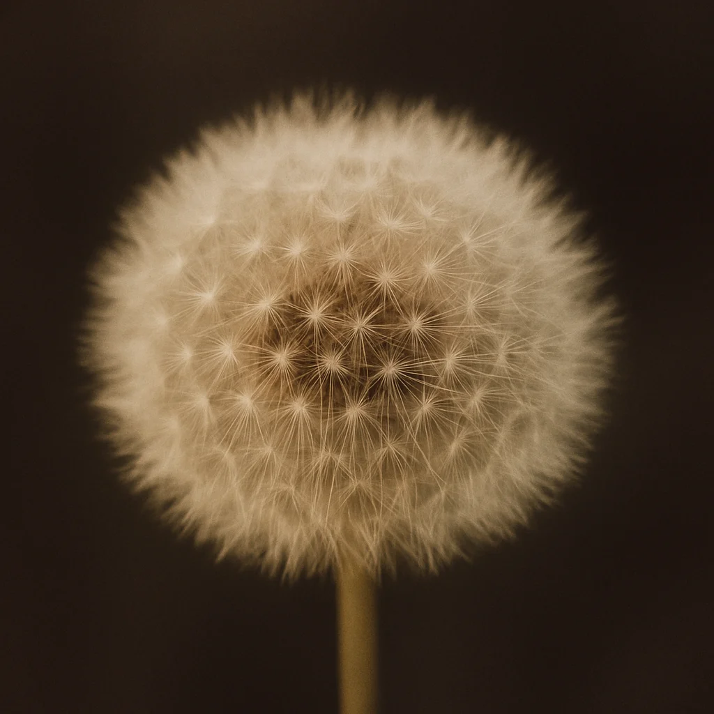 Jigsaw puzzle: A close-up, sepia-toned image of a fluffy dandelion seed head against a dark background.