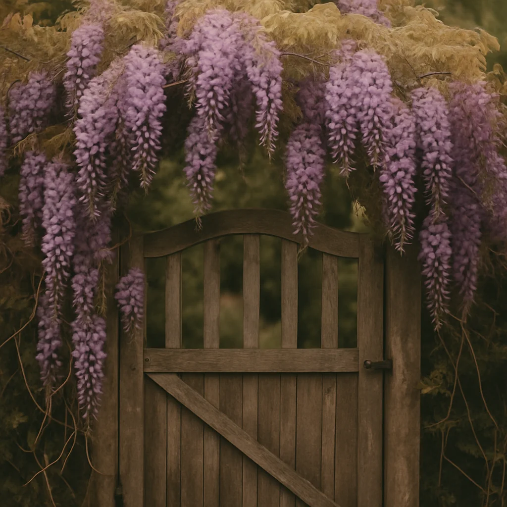 Jigsaw puzzle: A rustic wooden garden gate is framed by lush cascades of purple wisteria blooms.