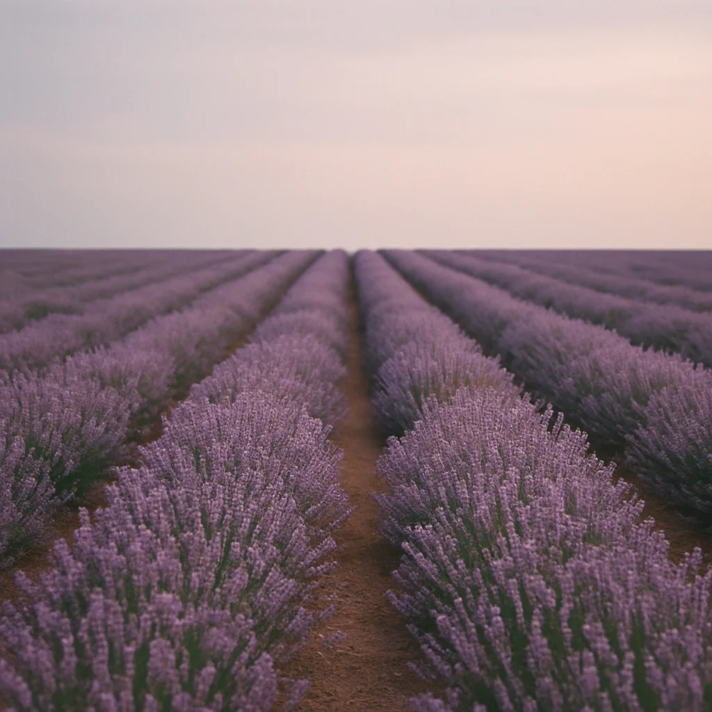 Jigsaw puzzle: Rows of purple lavender plants extend towards a pale horizon under a soft sky.