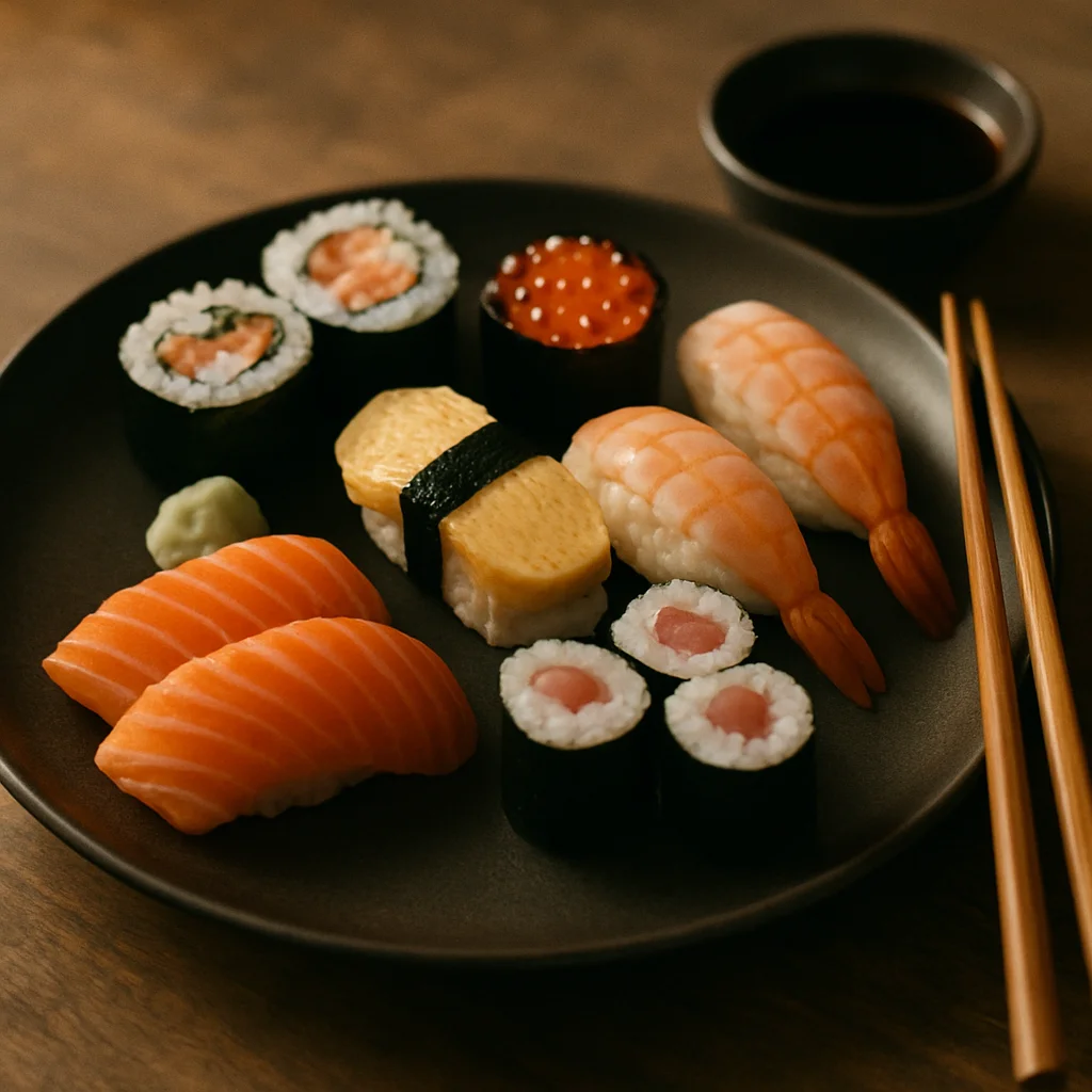Jigsaw puzzle: A dark plate showcases an assortment of fresh sushi with chopsticks and soy sauce.