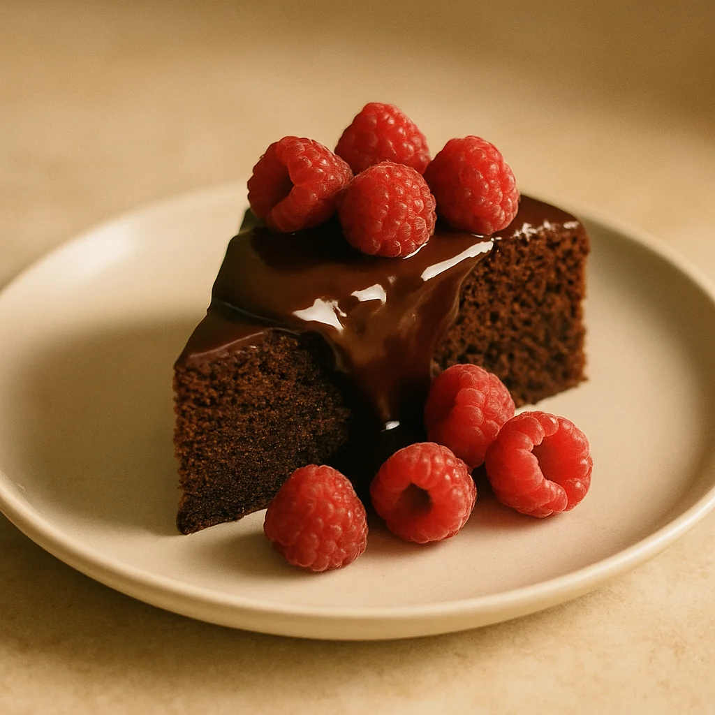 Jigsaw puzzle: A slice of dark chocolate cake with glossy ganache and fresh red raspberries on a light plate.