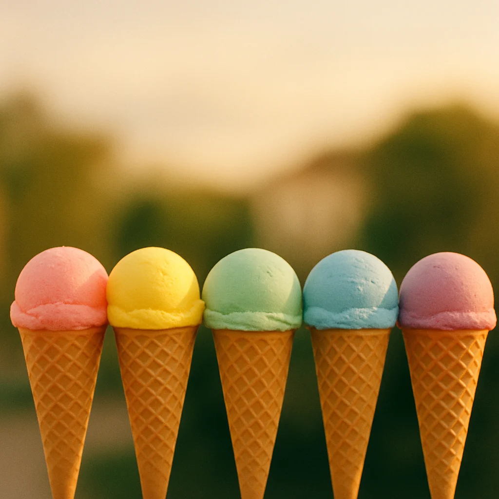 Jigsaw puzzle: Five colorful ice cream cones stand in a row with a blurred green and yellow background.