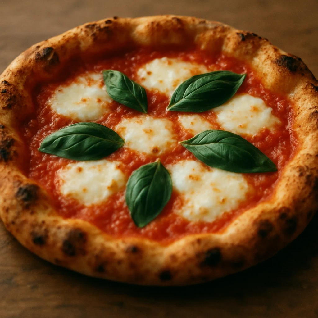Jigsaw puzzle: A freshly baked Neapolitan Margherita pizza with tomato sauce, mozzarella, and basil leaves.