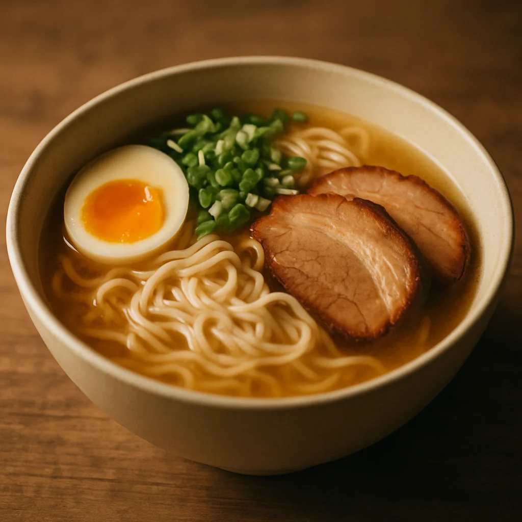 Jigsaw puzzle: A bowl of ramen with noodles, sliced pork, a soft-boiled egg, and green onions.