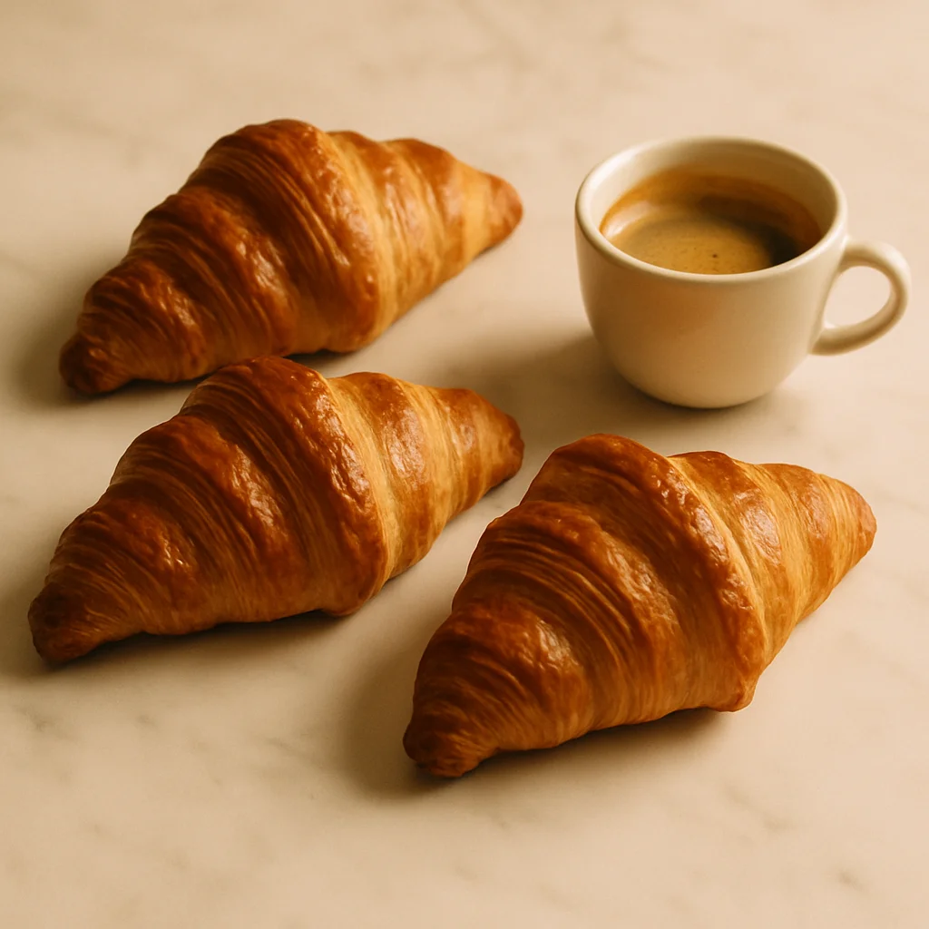 Jigsaw puzzle: Three golden-brown croissants are arranged around a white cup of espresso on a light surface.