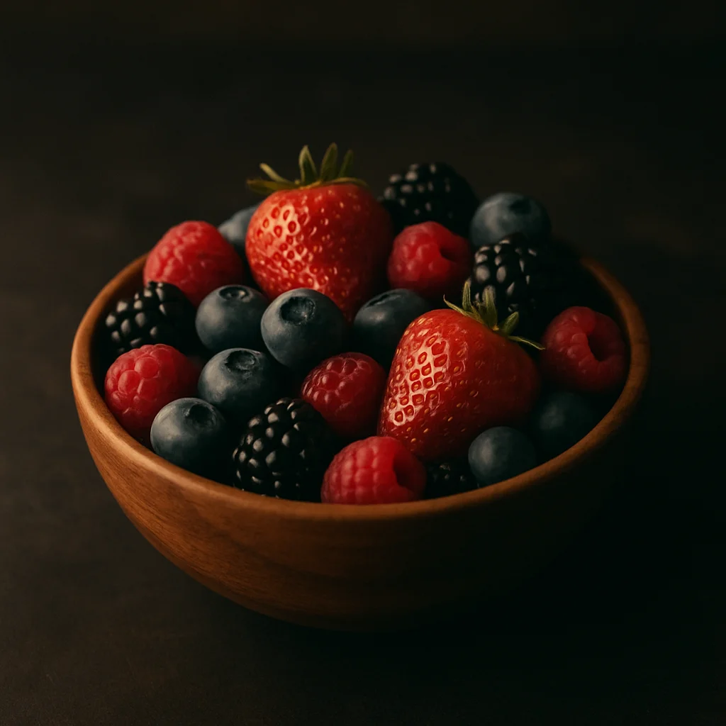 Jigsaw puzzle: A wooden bowl brimming with fresh strawberries, blueberries, raspberries, and blackberries.