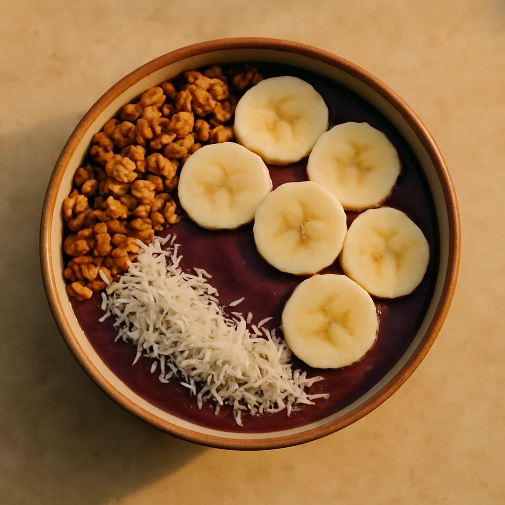 Jigsaw puzzle: An overhead view of a delicious açaí bowl topped with bananas, granola, and coconut flakes.