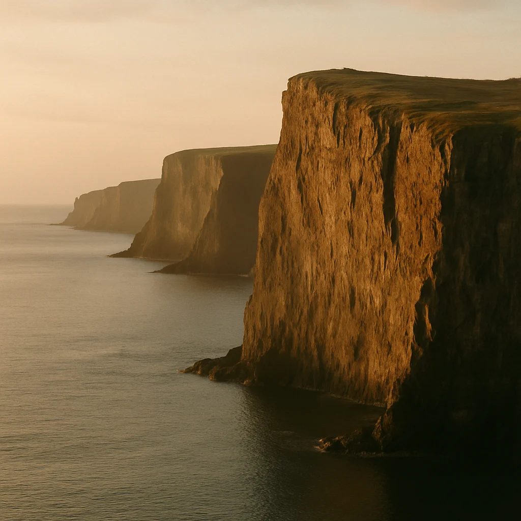 Jigsaw puzzle: A series of tall, rugged sea cliffs stretch into the hazy distance at sunset.