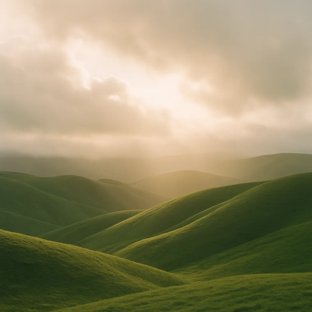 Jigsaw puzzle: Sunlight breaks through clouds, illuminating a series of lush green rolling hills.