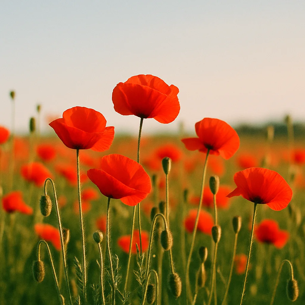 Jigsaw puzzle: Close-up of numerous red poppies blooming in a green field under a clear sky.